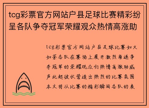 tcg彩票官方网站户县足球比赛精彩纷呈各队争夺冠军荣耀观众热情高涨助威不断